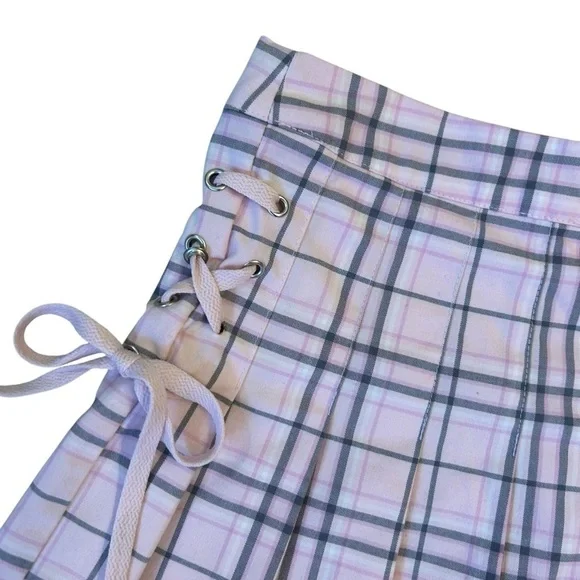 Preppy Pink Gray Plaid Pleated Skirt with Side Tie Coquette Small - Picture 4 of 9